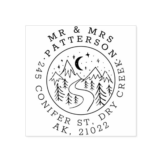 Hand getrokken bergen 's nachts Mr & Mrs Adres Rubberstempel (Afrduk)