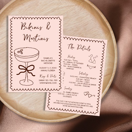 Hand getrokken bikini's & martinis vrijgezellenfee kaart