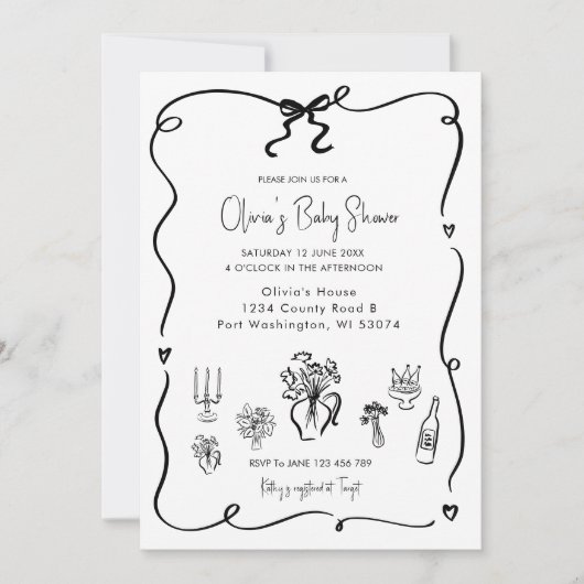 Hand getrokken Black Bow Baby shower Kaart (Voorkant)