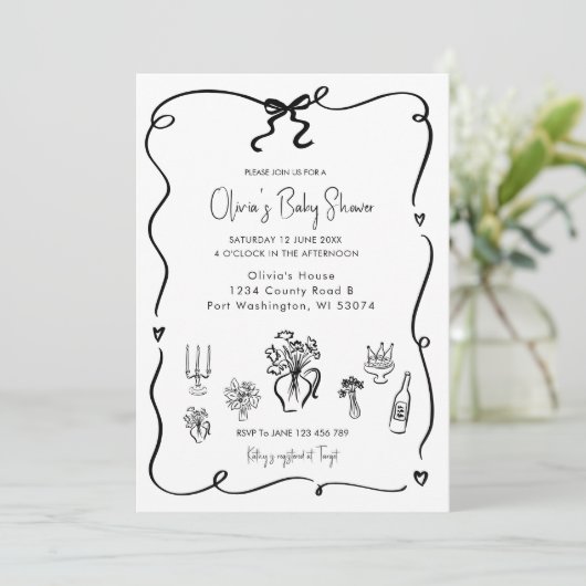 Hand getrokken Black Bow Baby shower Kaart (Staand voorkant)