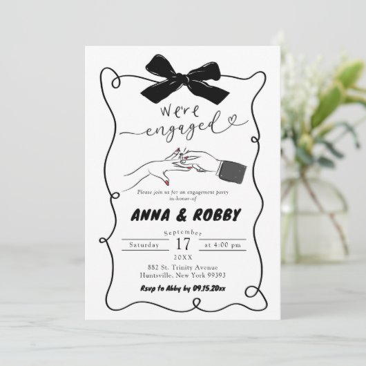 Hand getrokken Black Bow Engagement Party Kaart (Staand voorkant)