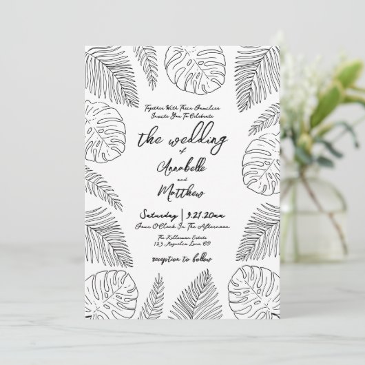 Hand getrokken bladeren Tropische bruiloft uitnodi Kaart (Staand voorkant)