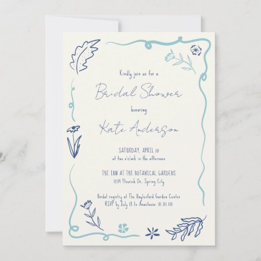 Hand getrokken Blauw Bloemen Golvend Lijst Vrijgez Kaart (Voorkant)