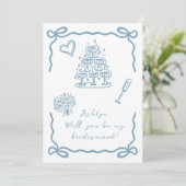 Hand getrokken blauw bruidsmeisjes voorstel Kaart (Staand voorkant)