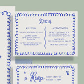 Hand getrokken blauw Frans retro bruiloft details Informatiekaartje