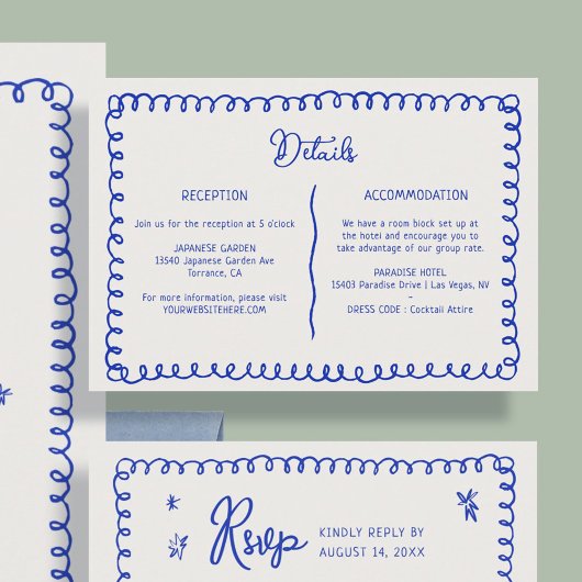 Hand getrokken blauw Frans retro bruiloft details Informatiekaartje