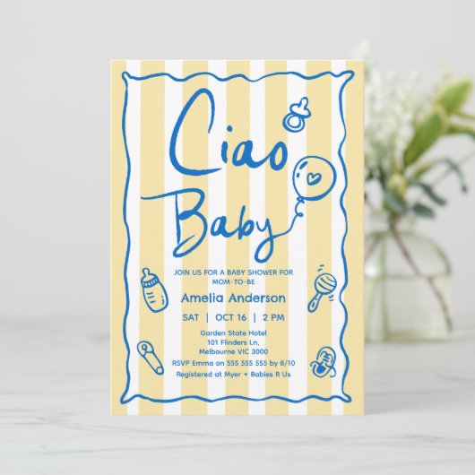 Hand getrokken blauw geel Ciao Baby Baby shower Kaart (Staand voorkant)