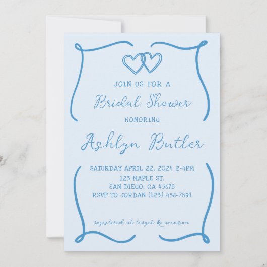 Hand getrokken blauw Lijst bruids doucheuitnodigin Kaart (Voorkant)