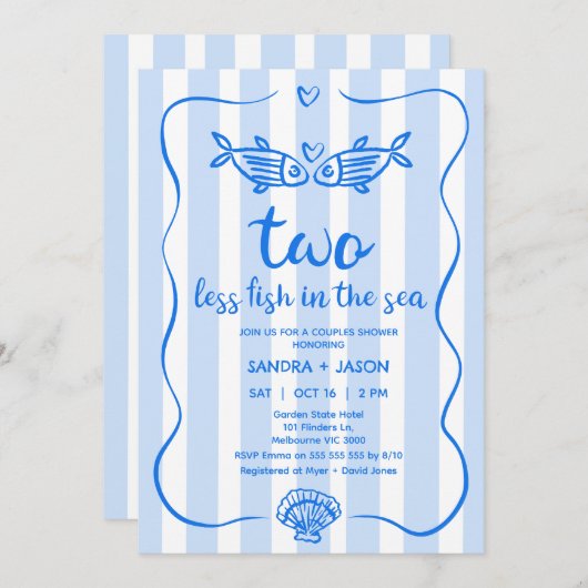 Hand getrokken blauw minder vis koppels Vrijgezell Kaart (Voorkant / Achterkant)