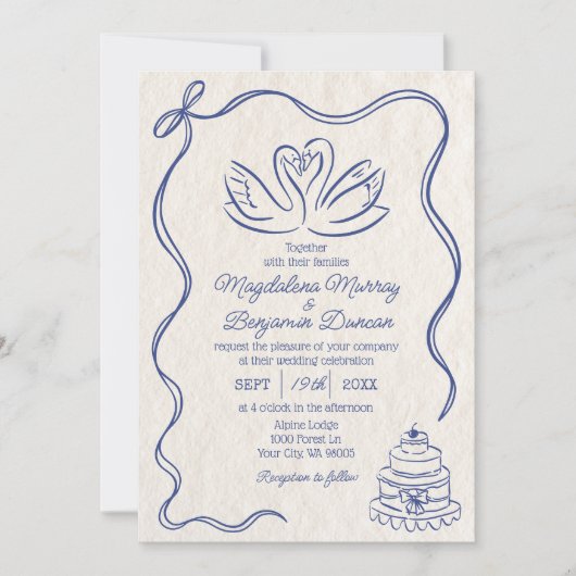 Hand Getrokken Blauw Retro Lint Zwanen Huwelijk Kaart (Voorkant)