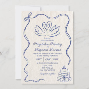 Hand Getrokken Blauw Retro Lint Zwanen Huwelijk Kaart