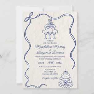  Hand Getrokken Blauw Retro Ribbon Bow Wedding Kaart