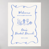 Hand getrokken blauwe bruids brunch welkomstbord poster (Voorkant)