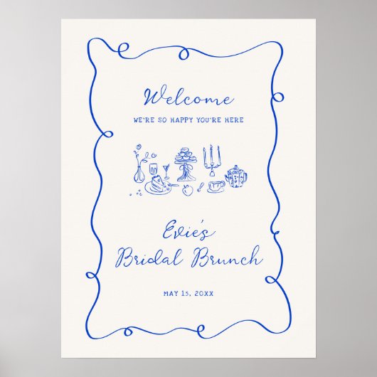 Hand getrokken blauwe bruids brunch welkomstbord poster (Voorkant)