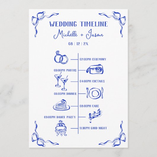 Hand getrokken blauwe bruiloft reisschema Welkom Programmakaart (Voorkant)
