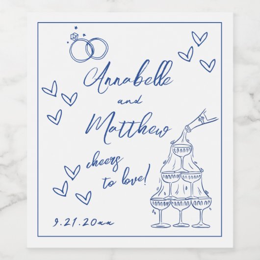 Hand getrokken blauwe bruiloft wijn etiket (Enkel label)