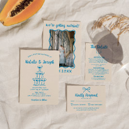 Hand getrokken blauwe eigenzinnige champagne toren kaart