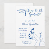 Hand getrokken Blauwe Graduatie Party uitnodiging (Voorkant / Achterkant)