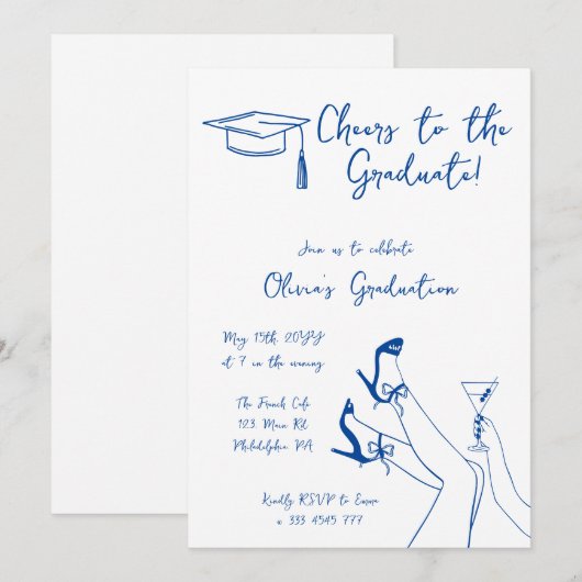Hand getrokken Blauwe Graduatie Party uitnodiging (Voorkant / Achterkant)
