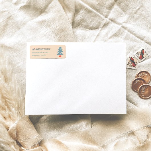 Hand getrokken blauwe kerstboom Doddle adres Etiket