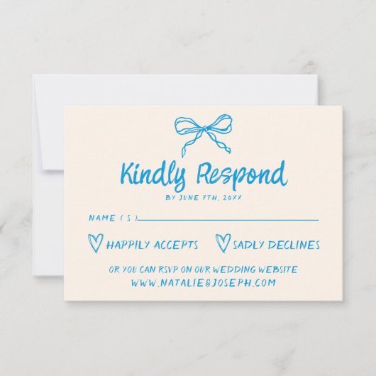 Hand getrokken Blauwe Retro Bow Moderne Bruiloft RSVP Kaartje (Voorkant)
