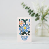 Hand getrokken Blauwe Retro Groovy QR Code Bloemen Visitekaartje (Staand voorkant)
