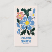 Hand getrokken Blauwe Retro Groovy QR Code Bloemen Visitekaartje (Voorkant)