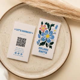 Hand getrokken Blauwe Retro Groovy QR Code Bloemen Visitekaartje