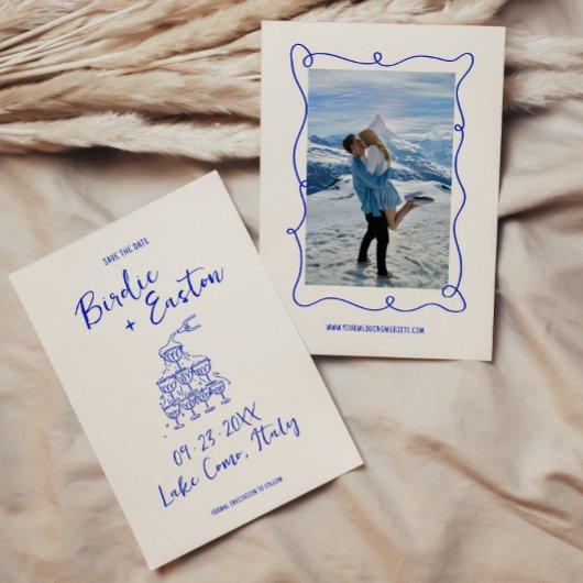 Hand getrokken Blauwe Squiggle Champagne Tower Bru Save The Date