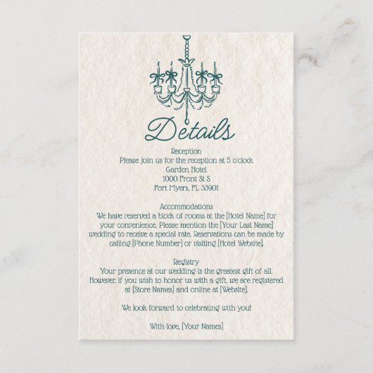 Hand Getrokken Blauwgroen Kroonluchter Wedding De Informatiekaartje (Voorkant)