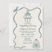  Hand Getrokken Blauwgroen Retro Bow Cake Wedding Kaart (Voorkant)