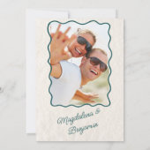  Hand Getrokken Blauwgroen Retro Bow Foto Huwelijk Kaart (Achterkant)