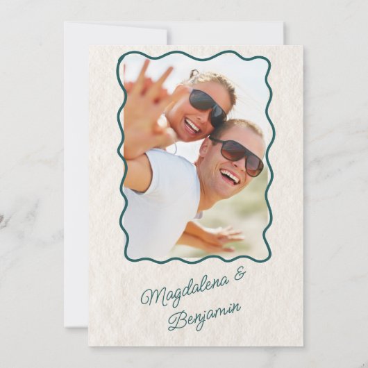  Hand Getrokken Blauwgroen Retro Bow Foto Huwelijk Kaart (Achterkant)