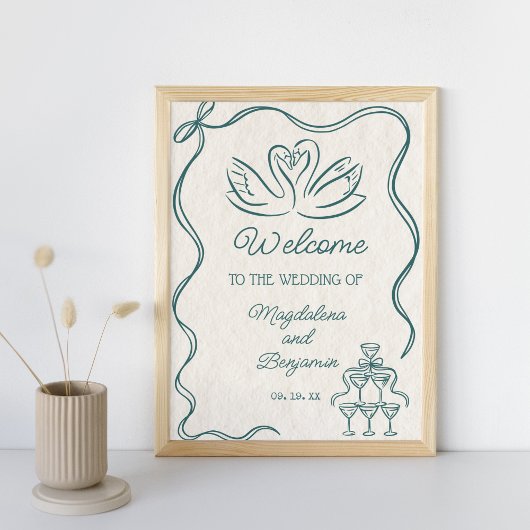  Hand Getrokken Blauwgroen Retro Wedding Welkom Poster