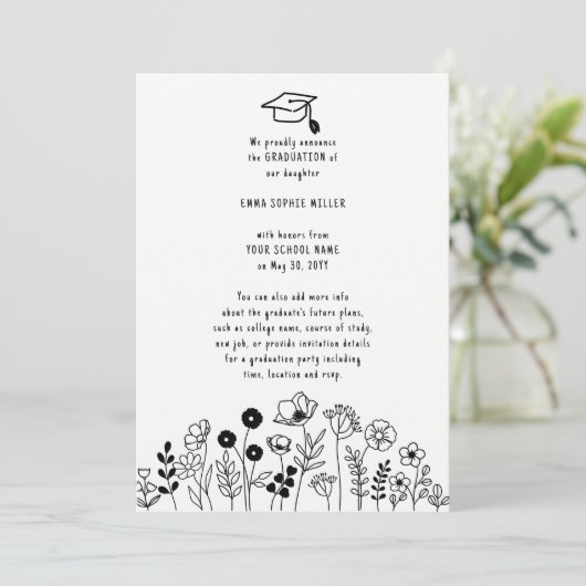 Hand getrokken bloemen Afstuderen Aankondiging (Staand voorkant)