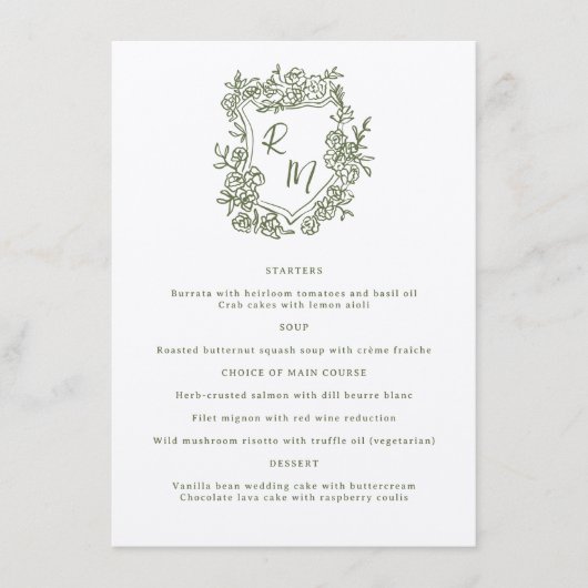 Hand getrokken Bloemen Groene Monogram Crest Weddi Menu (Voorkant)