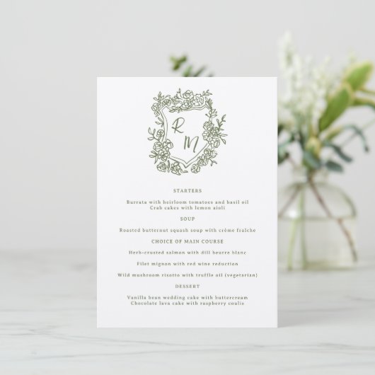 Hand getrokken Bloemen Groene Monogram Crest Weddi Menu (Staand voorkant)
