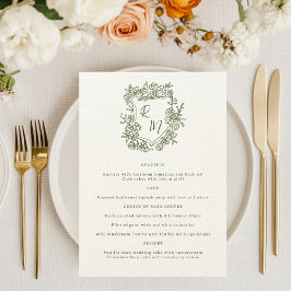 Hand getrokken Bloemen Groene Monogram Crest Weddi Menu