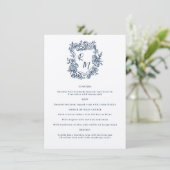 Hand Getrokken Bloemen Marine Blauw Monogram Kreef Menu (Staand voorkant)