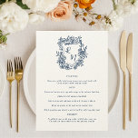 Hand Getrokken Bloemen Marine Blauw Monogram Kreef Menu<br><div class="desc">Breng een leuke en charmante touch aan uw receptie met deze Hand getrokken Bloemen Paarse Magenta Monogram Crest Wedding Menu Kaart. Met een casual, grillige bloemkam en monogram ontwerp in een diep marineblauwe tint, is deze menukaart ideaal voor een ontspannen tuinbruiloft, buitenfeest of zomerse huwelijksreceptie. Volledig aanpasbaar met uw maaltijddetails,...</div>