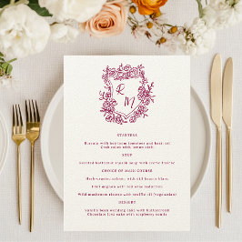 Hand getrokken Bloemen Paarse Monogram Crest Weddi Menu