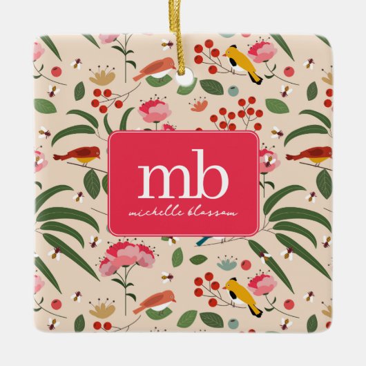 Hand getrokken Bloemen Vogels Bijen Botanische Mon Keramisch Ornament (Voorkant)