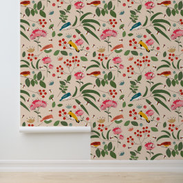 Hand getrokken Bloemen Vogels Bijen Botanische Pat Behang