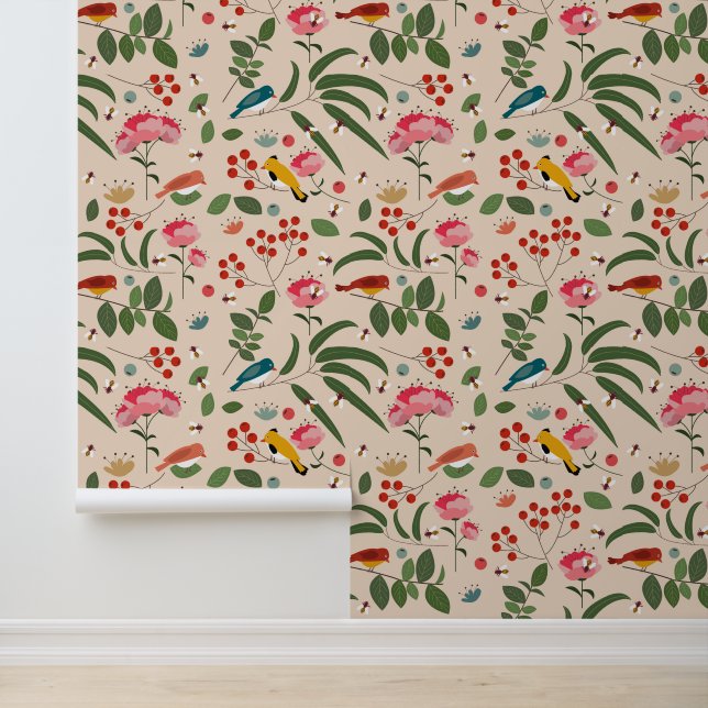Hand getrokken Bloemen Vogels Bijen Botanische Pat Behang (Applicatie)