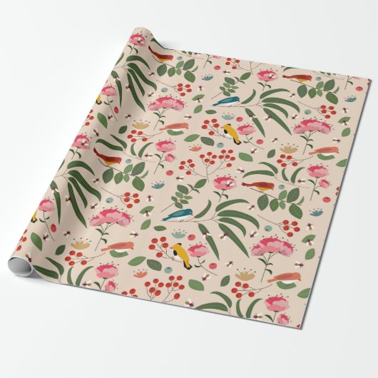 Hand getrokken Bloemen Vogels Bijen Botanische Pat Cadeaupapier (Uitgerold)