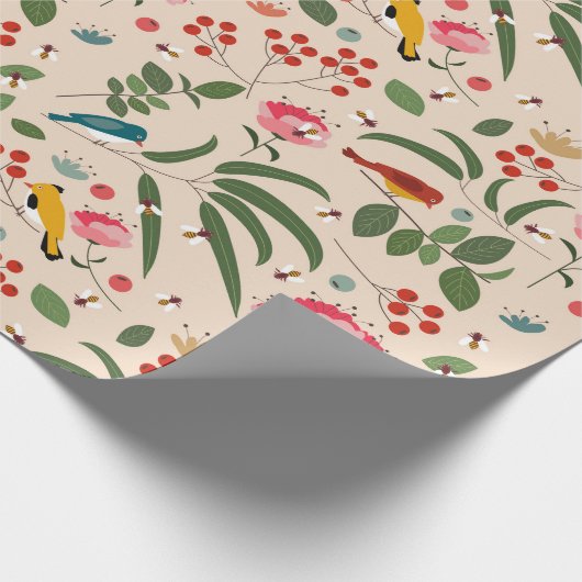 Hand getrokken Bloemen Vogels Bijen Botanische Pat Cadeaupapier (Hoek)