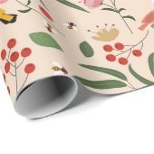 Hand getrokken Bloemen Vogels Bijen Botanische Pat Cadeaupapier (Rol Hoek)
