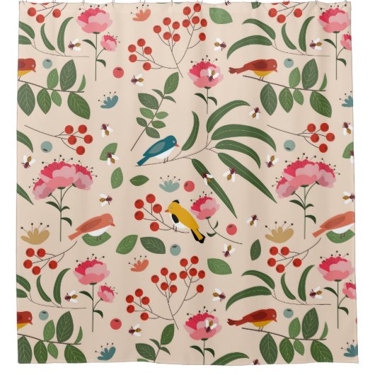 Hand getrokken Bloemen Vogels Bijen Botanische Pat Douchegordijn (Voorkant)
