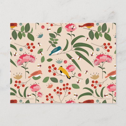 Hand getrokken Bloemen Vogels Bijen Botanische Pat Feestdagenkaart (Voorkant)