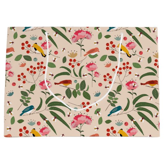 Hand getrokken Bloemen Vogels Bijen Botanische Pat Groot Cadeauzakje (Voorkant)